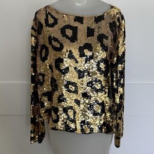✨Vintage Sweelo Sequin Silk Top Gold & Black Animal Pattern Disco Evening Size L